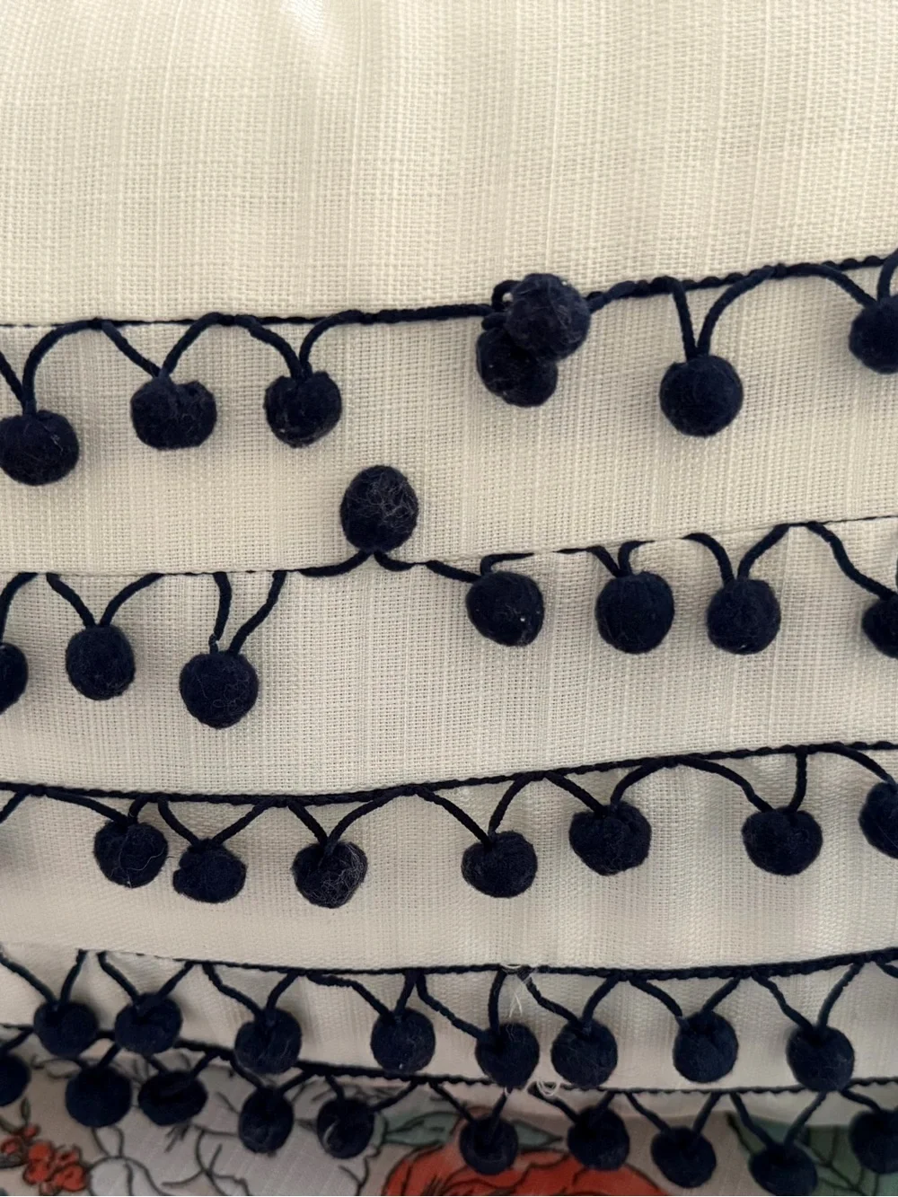 Pillow White Fabric Trim with Navy Pom-Pom Fringe